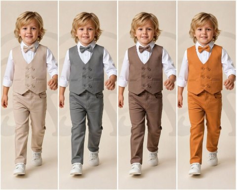 ELEGANCKI GARNITUR DLA CHŁOPCA ZESTAW 4 CZ WESELE KOMUNIA cappucino J4ń